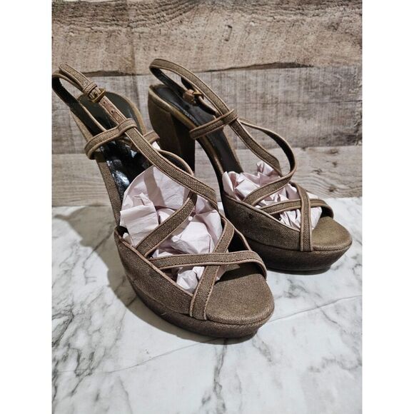 Burberry Wood Linen Leather Platform Heels 9 EU 40 - Picture 1 of 6